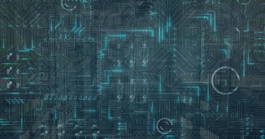 Bilgisayar sunucuları üzerinde devre kartı ve dijital veri işleme resmi. Dijital olarak oluşturulmuş küresel bağlantılar, hesaplama ve veri işleme kavramı.