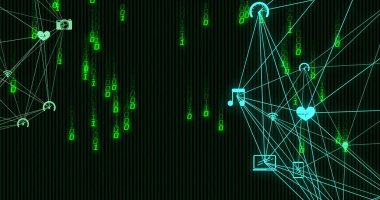 Simgeleri ve bağlantıları olan yerküreler üzerinde ikili kodlama ve dijital veri işleme görüntüsü. Dijital olarak oluşturulmuş küresel bağlantılar, hesaplama ve veri işleme kavramı.