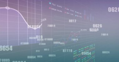 Diyagramlar ve borsa üzerinden veri işleme görüntüsü. Küresel teknoloji ve dijital arayüz konsepti dijital olarak oluşturuldu.