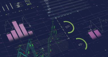 Karanlık arka planda istatistik ve finansal veri işleme resmi. Küresel finans, iş, bağlantılar, hesaplama ve veri işleme kavramı dijital olarak oluşturuldu.