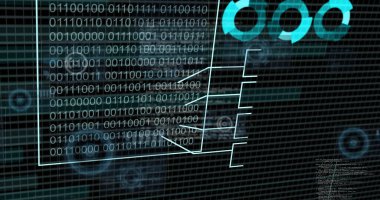 Siyah arkaplanda ikili kodlama ve dijital veri işleme resmi. Dijital olarak oluşturulmuş küresel bağlantılar, hesaplama ve veri işleme kavramı.