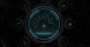 Karanlık arka planda devre kartı görüntüsüyle dijital güvenlik arayüzü. Teknoloji, siber güvenlik, veri, teknoloji, fütüristik, sistem