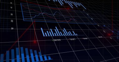 Siyah zemin üzerinde dijital veri işleme resmi. Dijital olarak oluşturulmuş küresel bağlantılar, hesaplama ve veri işleme kavramı.