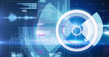 Mavi arkaplanda tarama yapan veri işleme resmi. Küresel teknoloji, bilgisayar ve dijital arayüz kavramı dijital olarak oluşturulmuş görüntü.