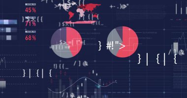 Dünya haritası ve istatistikleri üzerinden finansal veri grafikleri ve grafikleri. Finans, ekonomi, küresel, analitik, teknoloji, bilgi