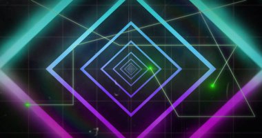 Siyah arkaplanda yeşil ağ üzerinde parlayan mavi ve mor elmas tüneli resmi. İşleniyor, veri, ağ, bağlantı ve iletişim, dijital olarak oluşturulan resim.