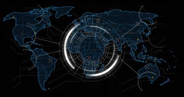 Veri işleme ve tarama alanındaki dünya haritasının resmi. Küresel teknoloji, bilgisayar ve dijital arayüz kavramı dijital olarak oluşturulmuş görüntü.