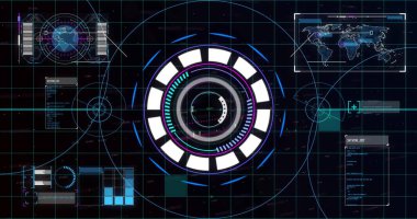 Dünya ve dünya haritasında veri işleme ve tarama görüntüsü. Teknoloji ve dijital arayüz kavramı dijital olarak oluşturuldu.