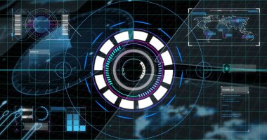 Siyah arkaplanda veri işleme ile tarama kapsamı resmi. Küresel teknoloji, bilgisayar ve dijital arayüz kavramı dijital olarak oluşturulmuş görüntü.