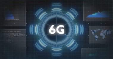 Siyah arkaplanda tarama ve veri işleme görüntüsü. Küresel teknoloji, bilgisayar ve dijital arayüz kavramı dijital olarak oluşturulmuş görüntü.