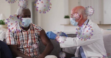 Aşı olan beyaz erkek doktor üzerindeki virüs hücrelerinin görüntüsü. Küresel tıp ve dijital arayüz kavramı dijital olarak oluşturulmuş görüntü.