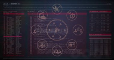 Simge ağı üzerinden dijital veri işleme resmi. Dijital olarak oluşturulmuş küresel bağlantılar, hesaplama ve veri işleme kavramı.