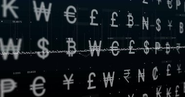 Para birimi sembolleri üzerinde veri işleme ve diyagramlarının resmi. Teknoloji ve dijital arayüz kavramı dijital olarak oluşturuldu.