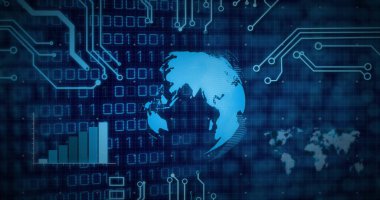 Veri işleme üzerine küresel görüntü ve diyagramlar. Teknoloji ve dijital arayüz kavramı dijital olarak oluşturuldu.