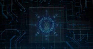 Siyah arkaplanda tarama yapan veri işleme resmi. Küresel teknoloji, bilgisayar ve dijital arayüz kavramı dijital olarak oluşturulmuş görüntü.