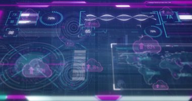 Mavi arkaplanda veri işleme ile tarama kapsamı resmi. Küresel teknoloji, bilgisayar ve dijital arayüz kavramı dijital olarak oluşturulmuş görüntü.