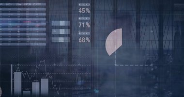 Şehir manzarası üzerinde finansal veri işleme resmi. Küresel finansman, iş, bilgisayar ve dijital arayüz kavramı dijital olarak oluşturuldu.