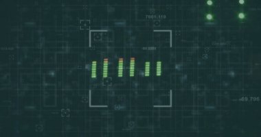 Işıklar üzerinde veri işleme ve tarama görüntüsü. Teknoloji ve dijital arayüz kavramı dijital olarak oluşturuldu.