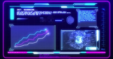 Siyah arkaplan üzerinde şema ve veri işleme resmi. Teknoloji, iş ve dijital arayüz kavramı dijital olarak oluşturulmuş görüntü.