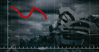 Kırık avro sembolü ve bulutlu gökyüzü üzerinde işlenen mali veri görüntüsü. Küresel iş, finans, hesaplama ve dijital arayüz kavramı dijital olarak oluşturuldu.