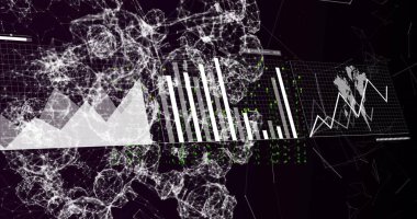 Şekiller üzerinde veri işleme ve diyagramlar. Teknoloji, iş ve dijital arayüz kavramı dijital olarak oluşturulmuş görüntü.