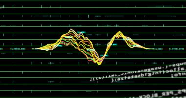Siyah arkaplanda veri işleme resmi. Küresel teknoloji, bilgisayar ve dijital arayüz kavramı dijital olarak oluşturulmuş görüntü.