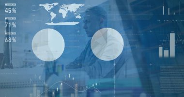 Kafkas işadamının ofisindeki finansal veri işleme resmi. Küresel iş, finans ve dijital arayüz kavramı dijital olarak oluşturulmuş görüntü.