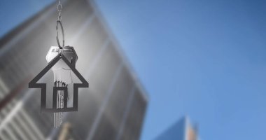 Şehrin her yerinde anahtar ve ev resmi var. İş, mimari ve dijital arayüz kavramı dijital olarak oluşturulmuş görüntü.