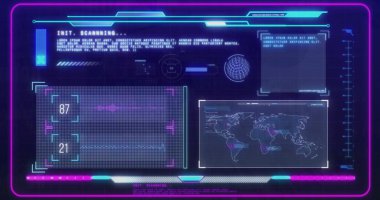 Karanlık arka planda tarama ve veri işleme dürbünü görüntüsü. Küresel iş, bağlantılar, hesaplama ve veri işleme kavramı dijital olarak oluşturulmuş resim.