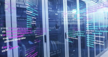 Sunucu odasında veri işleme resmi. Küresel teknoloji, bilgisayar ve dijital arayüz kavramı dijital olarak oluşturulmuş görüntü.