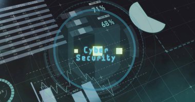 Karanlık arka planda siber güvenlik metni ve veri işleme resmi. Küresel siber güvenlik, bağlantılar, hesaplama ve veri işleme kavramı dijital olarak oluşturuldu.