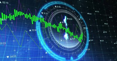 Dolar sembolü ile tarama alanındaki veri işleme ve diyagramların resmi. Teknoloji, iş ve dijital arayüz kavramı dijital olarak oluşturulmuş görüntü.
