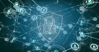 Simgelerle olan bağlantı ağının üzerindeki asma kilit ve kalkan görüntüsü. Küresel siber güvenlik, bağlantılar, hesaplama ve veri işleme kavramı dijital olarak oluşturuldu.