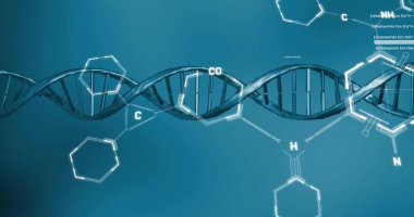DNA ipliği ve veri işleme görüntüsü. Küresel bilim, bağlantılar, hesaplama ve veri işleme kavramı dijital olarak oluşturulmuş görüntü.