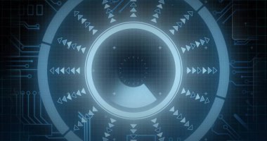 Siyah arkaplandaki bağlantı ve tarama ağının resmi. Sosyal medya, teknoloji ve dijital arayüz kavramı dijital olarak oluşturuldu.