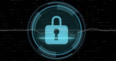 Siber güvenlik metni üzerinden veri işleme görüntüsü ve siyah arkaplan taraması. Küresel teknoloji, bilgisayar, çevrimiçi güvenlik ve dijital arayüz kavramı dijital olarak oluşturulmuş görüntü.