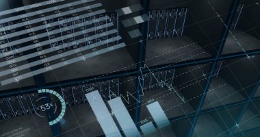 Dünya haritası ve sunucu odasındaki veri işleme ve diyagramlarının resmi. Küresel iş ve dijital arayüz kavramı dijital olarak oluşturulmuş görüntü.