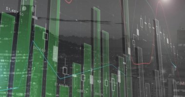 Şehir manzarası üzerindeki veri işleme ve diyagramlarının resmi. Teknoloji, iş ve dijital arayüz kavramı dijital olarak oluşturulmuş görüntü.