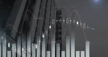 Şehir manzarası üzerindeki veri işleme ve diyagramlarının resmi. Teknoloji, iş ve dijital arayüz kavramı dijital olarak oluşturulmuş görüntü.