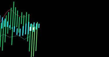 Finansal veri işleme görüntüsü ve siyah arkaplan istatistikleri. Küresel finans, iş, bağlantılar, hesaplama ve veri işleme kavramı dijital olarak oluşturuldu.