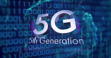 5g 5. Nesil metin ve ikili kodlama dijital veri işleme resmi. Küresel siber güvenlik, bağlantılar, hesaplama ve veri işleme kavramı dijital olarak oluşturuldu.