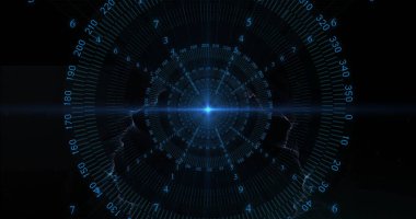 Siyah arkaplanda parlayan noktalar üzerinde dijital veri işleme resmi. Dijital olarak oluşturulmuş küresel bağlantılar, hesaplama ve veri işleme kavramı.