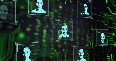 Dijital veri işleme görüntüsü ve insanlar koyu arkaplanda biyometrik simgeler oluşturuyorlar. Dijital olarak oluşturulmuş küresel bağlantılar, hesaplama ve veri işleme kavramı.