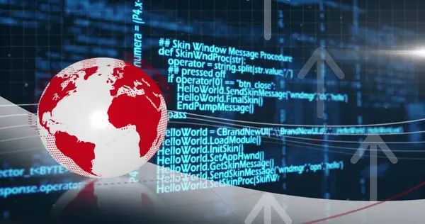 Oklar üzerinde işlenen küre ve veri görüntüsü. Küresel teknoloji, iş ve dijital arayüz kavramı dijital olarak oluşturulmuş görüntü.