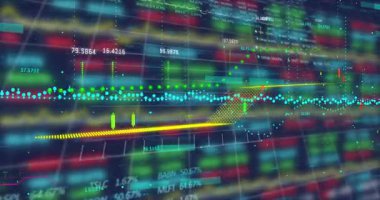 Animasyon borsa grafikleri ve hareket halindeki grafiklerle finansal verilerin analiz edilmesi. Maliye, veri analizi, iş, ticaret, yatırım, ekonomi