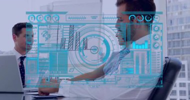 Fütüristik veri işleme animasyon örtüsü olan iş ekibi görev başında. takım çalışması, analitik, dijital, yenilik, teknoloji, işbirliği