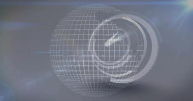 Şebeke çizgileri ve dairesel arayüz elementleriyle dönen dünyanın dijital animasyonu. Teknoloji, fütüristik, sanal, siber uzay, yenilik, ağ