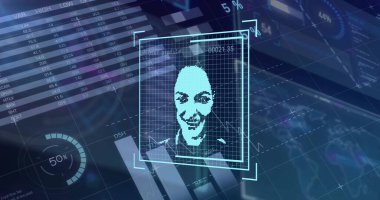 Koyu arkaplan üzerinde biyometrik fotoğraf ve veri işleme resmi. Küresel siber güvenlik, bağlantılar, hesaplama ve veri işleme kavramı dijital olarak oluşturuldu.