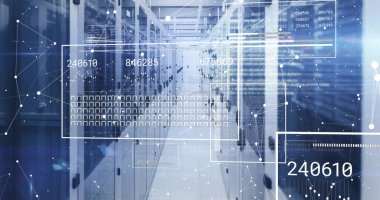 Sunucu odasındaki veri işleme ve şekillerin resmi. küresel iş ve dijital arayüz kavramı dijital olarak oluşturulmuş görüntü.