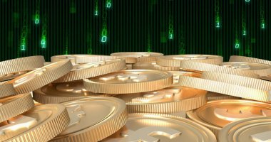 Arka planda ikili kod resmi olan altın paralar yığını. Finans, zenginlik, yatırım, kripto para, dijital, para